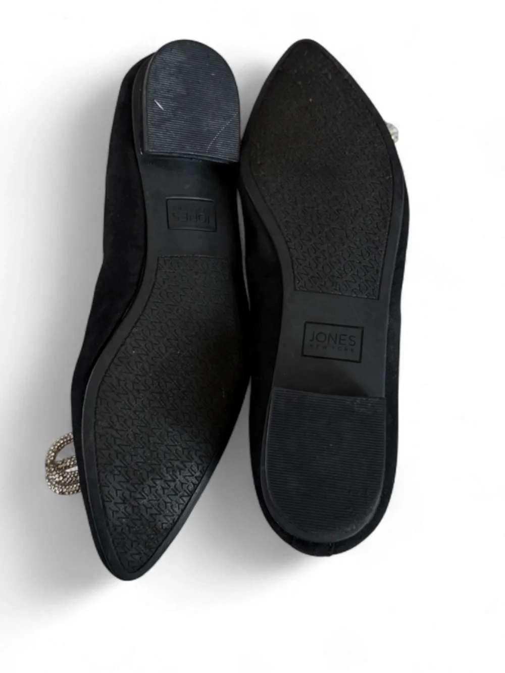 Jones New York Black Suede Pointed Flats with Crystal Bow Accent